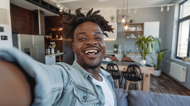 cheerful black african american man making selfie photo for social media, smiling person takes joyful picture in cozy kitchen, radiating friendliness and comfort in modern home setting