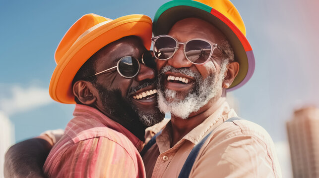 two senior gay men hugging and smiling, happy older lgbtq queer couple has romance and love