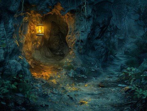 A lantern illuminates a mysterious cave along a serene forest path at twilight. Generative AI