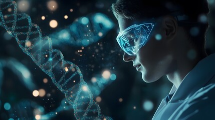 Fototapeta premium A Scientist Wearing Goggles Observes a DNA Strand in a Laboratory