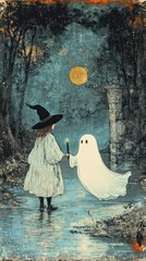 Mysterious Witch and Ghost Under Full Moon in Enchanted Forest – Halloween Night Fantasy Art with Magical Glow, Stars, and Ancient Ruins – Gothic Style Digital Illustration
