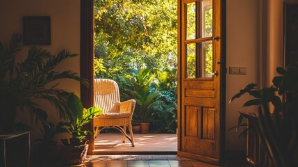 Obraz premium Classic Wooden Door Slightly Ajar with Natural Light