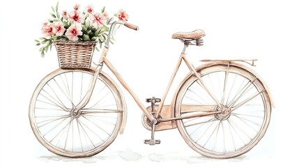A vintage bicycle adorned with a basket of fresh flowers set against a neutral backdrop, showcasing a charming, rustic feel