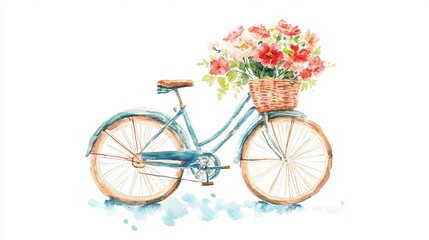 A vintage bicycle adorned with a basket of fresh flowers set against a neutral backdrop, showcasing a charming, rustic feel