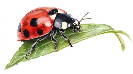 Fototapeta premium A ladybug resting on a green leaf in a calm, serene environment during a sunny afternoon