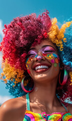 happy vibrant lgbt person celebrating pride at love parade, smiling woman with a vivid rainbow hair and glittery makeup, glowing under bright sunlight at colorful festival