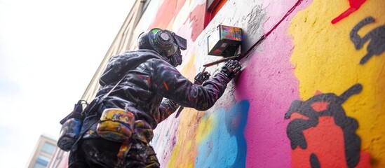 Obraz premium A street artist wearing a helmet and protective clothing paints a vibrant mural on a city wall.