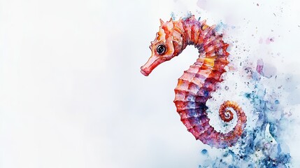 Fototapeta premium A colorful watercolor depiction of a seahorse surrounded by vibrant splashes of paint on a white background
