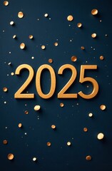 Naklejka premium Celebrating the new year with a golden 2025 decoration on a dark blue background adorned with confetti