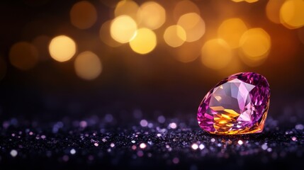 Fototapeta premium A beautiful pink gem sparkling on a glittery surface with a blurred background.