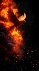 A fiery bird soaring through flames and embers against a dark backdrop.