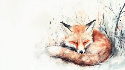 Obraz premium A peaceful fox sleeps curled up in a snowy forest under soft winter light during a quiet morning