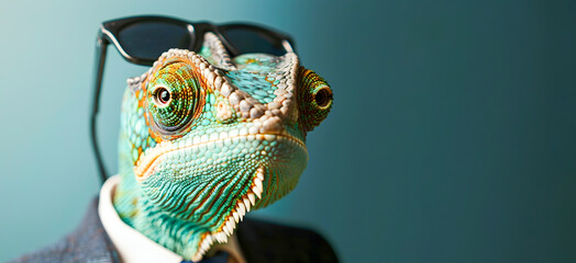 Closeup portrait of a chameleon animal wearing sunglasses and a business suit posing in a professional setting with copy text space  Unique modern and creative concept for corporate