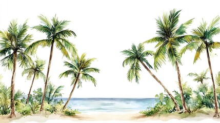 Lush palm trees swaying gently by the tranquil shoreline under a bright sky at a serene tropical beach