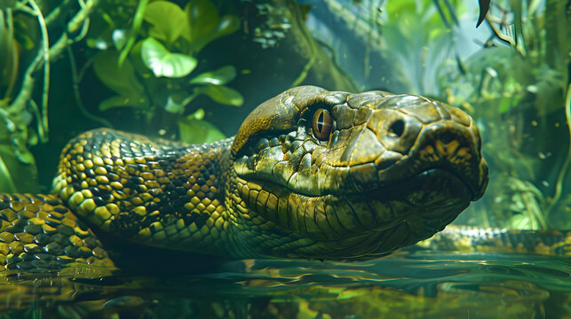 Powerful and Intimidating Titanoboa Like Snake Coiled and Camouflaged in Lush Verdant Tropical Jungle Environment