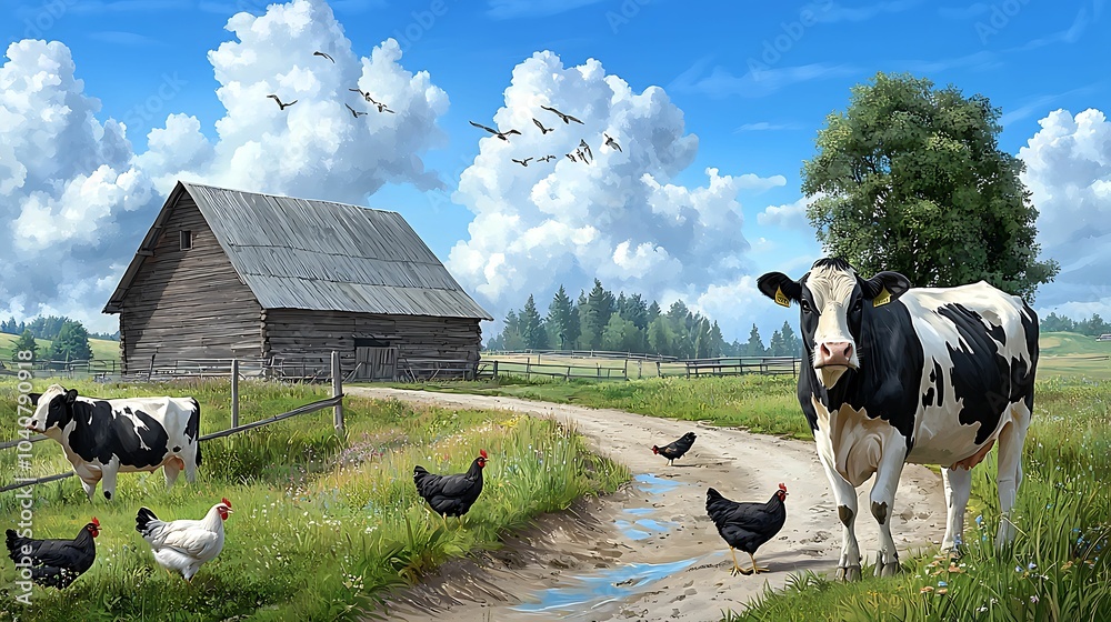 Wall mural a serene farm landscape featuring cows chickens and a charming barn under a bright blue sky with flu