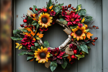 A wreath made of flowers and leaves with a yellow sunflower in the center