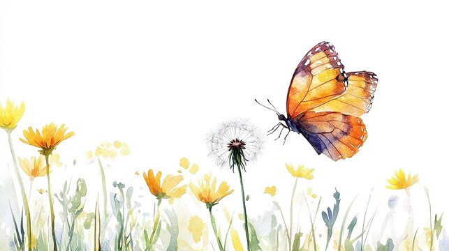 Fototapeta A delicate orange butterfly flutters over a dandelion among vibrant yellow wildflowers in a sunny meadow