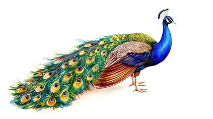 Fototapeta premium A majestic peacock displaying its vibrant feathers against a soft, abstract background in a serene setting
