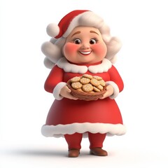 A warm-hearted 3D cartoon Mrs. Claus with a gentle smile and rosy cheeks in a traditional red dress with white fur trim, holding a batch of freshly baked cookies