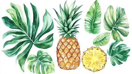 A vibrant pineapple surrounded by lush green tropical leaves in an artistic botanical composition