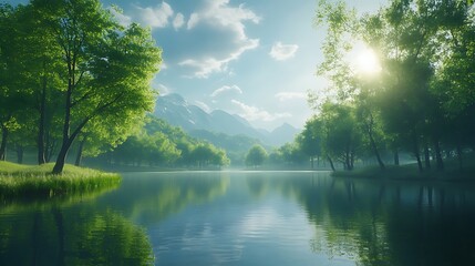 Obraz premium illustration of a picturesque landscape with green forest trees and a lake on a sunny morning
