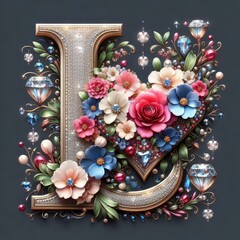 Write "L" create with glass flowers and diamonds on the heart.