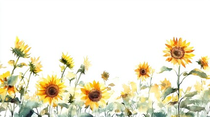 Naklejka premium Sunflower field in full bloom during a bright summer day with vibrant yellow petals and green foliage swaying gently in the breeze