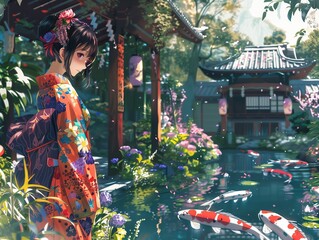 A young woman in a kimono stands by a peaceful koi pond in a Japanese garden