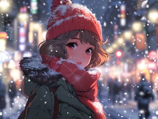 A girl in a red winter hat and scarf enjoys a snowy evening in a bustling city. Generative AI