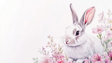 Obraz premium A cute rabbit surrounded by colorful wildflowers in a serene natural setting during springtime