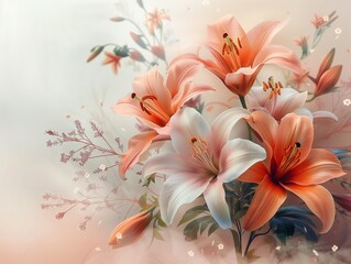 Fototapeta premium Beautiful bouquet of pink and white lilies with soft pastel background. Generative AI