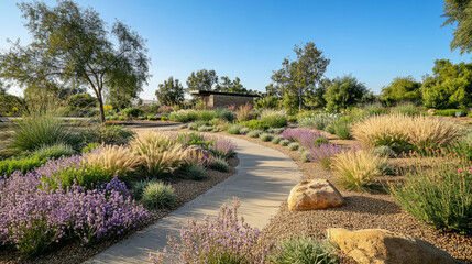 Native plant landscapes with drought-tolerant species and wildflowers, creating a natural, low-maintenance environment in a rural area