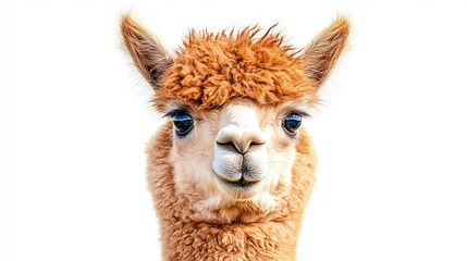 Fototapeta premium A close-up of a curious llama with a fluffy coat against a textured, soft background during daylight