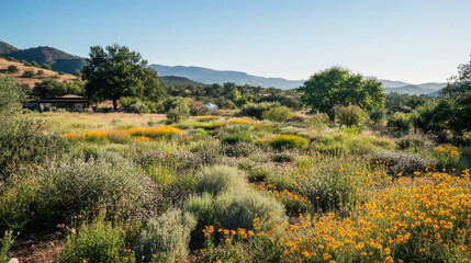 Naklejka premium Native plant landscapes with drought-tolerant species and wildflowers, creating a natural, low-maintenance environment in a rural area
