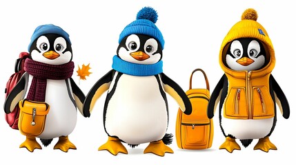 Fototapeta premium Adorable penguins in winter attire playful characters ready for adventure with colorful hats and backpacks