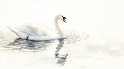 Obraz premium A serene white swan gliding gracefully across a misty lake in early morning light, reflecting calmness and tranquility