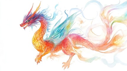 Obraz premium A vibrant watercolor dragon in dynamic colors soaring through the sky, showcasing its fierce expression and majestic presence