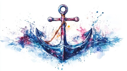 Naklejka premium A sea anchor surrounded by swirling blue waves and splashes of color in a dynamic ocean-inspired design