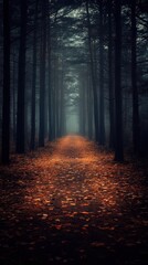 Fototapeta premium Mysterious Foggy Forest Path with Fallen Leaves