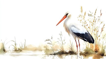 Fototapeta premium A graceful stork stands by a tranquil wetland, surrounded by tall grasses and reflective water at dawn