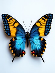 Naklejka premium Colorful butterfly with blue and yellow wings, white isolated background