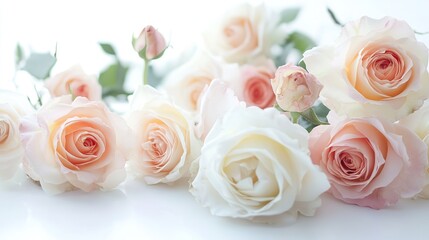 Delicate arrangement of soft pink and white roses showcasing natural beauty and elegance in a bright, serene setting