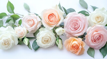 Obraz premium Delicate arrangement of soft pink and white roses showcasing natural beauty and elegance in a bright, serene setting