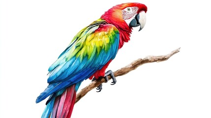 Vibrant scarlet macaw perched on a branch, showcasing stunning colors against a white background