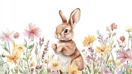 Fototapeta premium A cute gray rabbit surrounded by colorful wildflowers in a vibrant meadow during a sunny spring afternoon