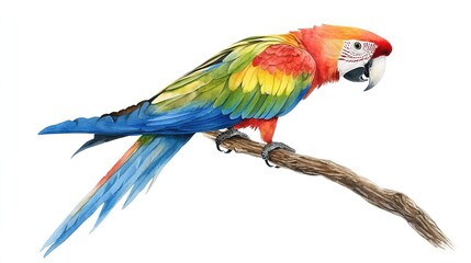 Obraz premium Vibrant scarlet macaw perched on a branch, showcasing stunning colors against a white background