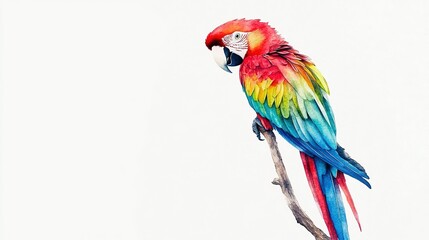 Obraz premium Vibrant scarlet macaw perched on a branch, showcasing stunning colors against a white background