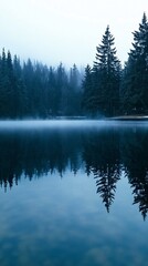 A serene lake surrounded by misty pine forests, reflecting the calm and mysterious atmosphere of nature's beauty. The soft blue tones