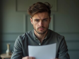 Bad news concept young caucasian man reading letter with sad expression